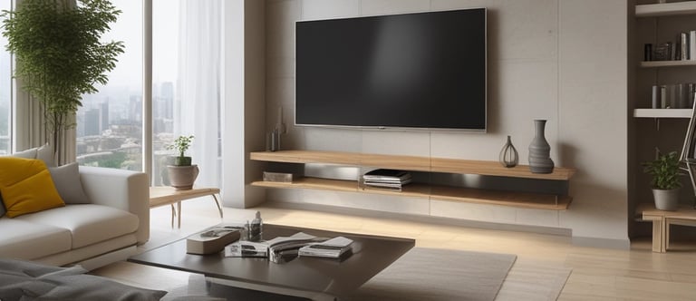 a living room with a large window and a television mounted to the wall