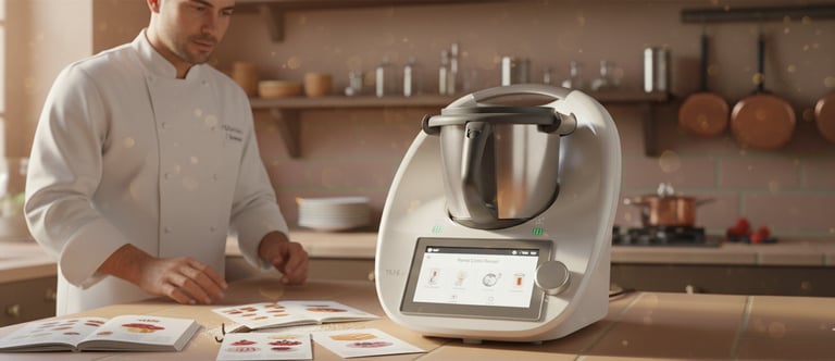 Thermomix in moderner Küche während der Zubereitung von Panna Cotta – einfache und schnelle Methode.