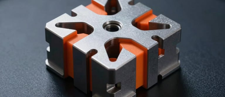 Close-up of a geometric metallic array unit on a lab bench, harsh studio lighting, safety orange accents, deep slate background.