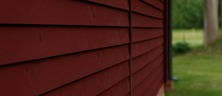 Close-up of red barn paint on exterior wood siding with visible grain and matte natural finish