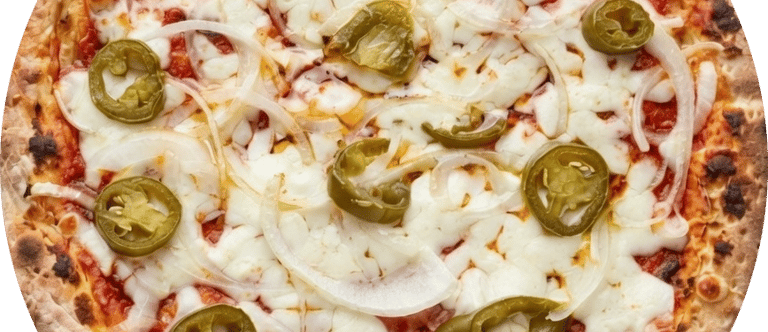 Freshly baked spicy pizza with melted mozzarella cheese, sliced onions, and green jalapeños on a thin crust.