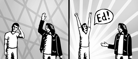 Two-panel drawing showing a person trying to remember the other's name (it's Ed!)