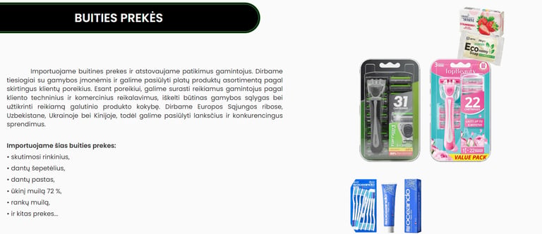 Assortment of household products, including razors, toothbrushes, toothpaste, and soap, highlighting imported goods from