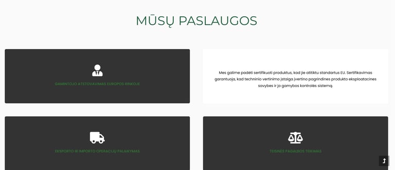Business service icons for European market representation, logistics, and legal assistance in Lithuania.