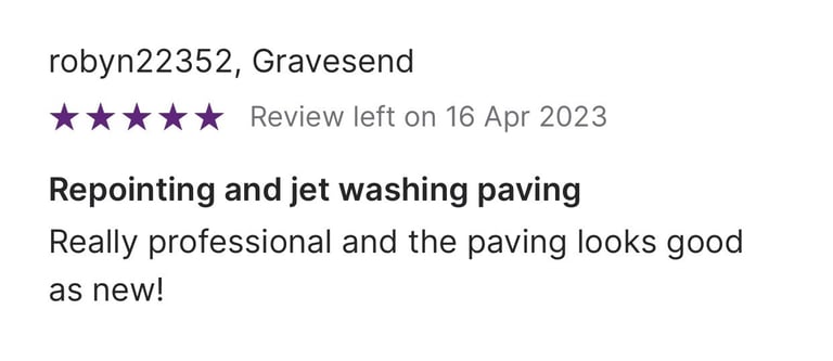 Five-star customer review for professional repointing and jet washing paving services in Gravesend.
