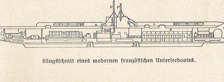 Vue longitudinale d'un sous-marin français