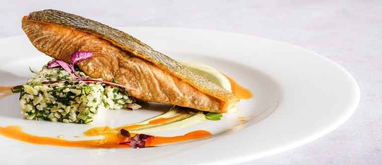Salmon and rice on a plate