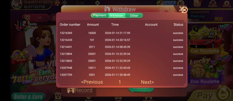 Screenshot of a mobile casino app withdrawal history showing successful transaction records and payment status.