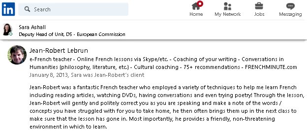 Exemple 3 de recommandation (en anglais) postée pour le professeur de français Jean-Robert Lebrun