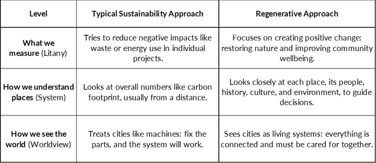 Table 1: From Sustainability to Regeneration — A Shift in Thinking, Adapted from Camrass (2023)