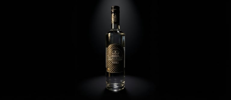 Een premium fles The House Pour Vodka in het licht van een spot op een donkere, zwarte achtergrond.