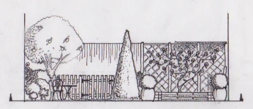 Elevation view of an Arts & Crafts style garden design, by Steve