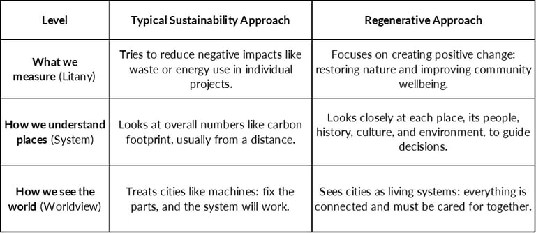 Table 1: From Sustainability to Regeneration — A Shift in Thinking, Adapted from Camrass (2023)