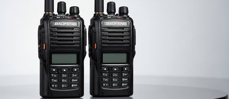 two walkie talkies are on a table