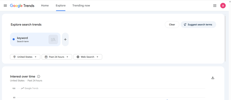 Google Trends keyword research tool filtered to United States showing rising queries 2026
