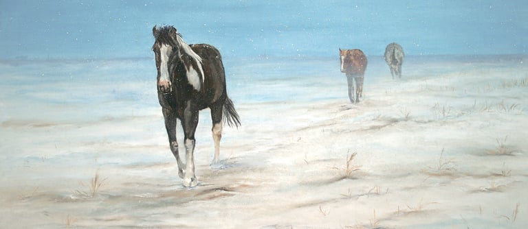 a painting of horses heading home in the snow