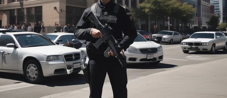 A line of law enforcement officers wearing protective gear and holding transparent shields marked with various titles such as 'Police,' 'Sheriff,' and 'State Patrol.' They are positioned in front of a grand building with detailed architecture, suggesting a tense or prepared atmosphere, possibly related to crowd control or a protest.