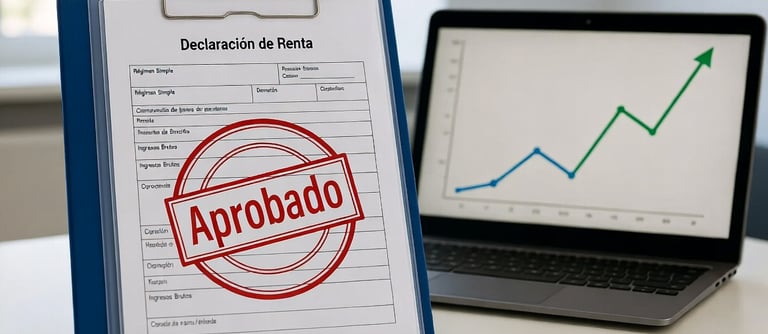 computador con un gráfico y documentos de declaración de renta