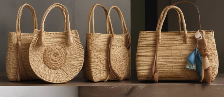 Colorful woven bags and baskets displayed at a market.