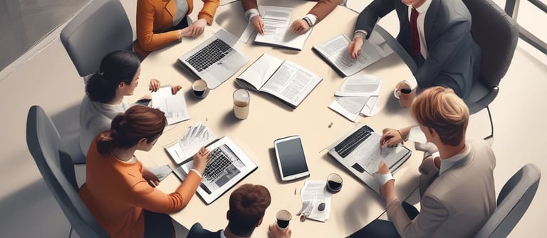 A row of self-help and business books stands upright on a table, adjacent to a laptop and a hand typing. The books have colorful covers, including titles like 'Atomic Habits' and 'The 4-Hour Work Week.' The setting appears dimly lit with a focused spotlight on the books, creating a cozy, studious ambiance.
