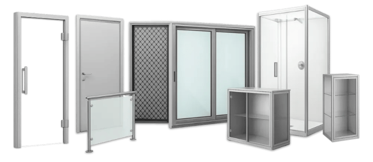 a group of different types of sliding windows, doors, aluminum cabinets and a railing