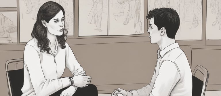 A professional consultant discussing training options with an adult learner in a bright office.