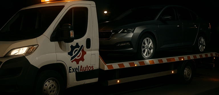 Camion de dépannage ExelAutos transportant une voiture de nuit en Île-de-France