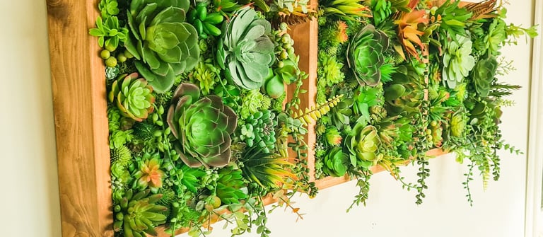 Vertical wall garden featuring artificial succulents in rustic wooden shadow box frames.