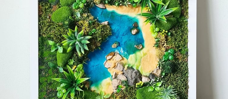 A framed piece of art using resin, artificial moss, preserved moss sand and stones to create a lush