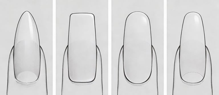 Common nail shapes comparison including almond, square, round, and oval