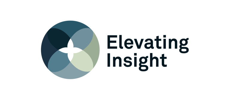 Elevating Insight brand logo featuring a blue and grey circular geometric design on a black background.