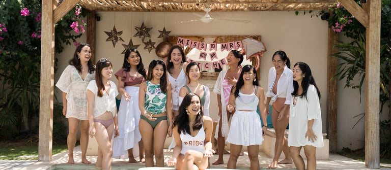 Regina bridal party group photo by the pool at a private villa in Seminyak Bali