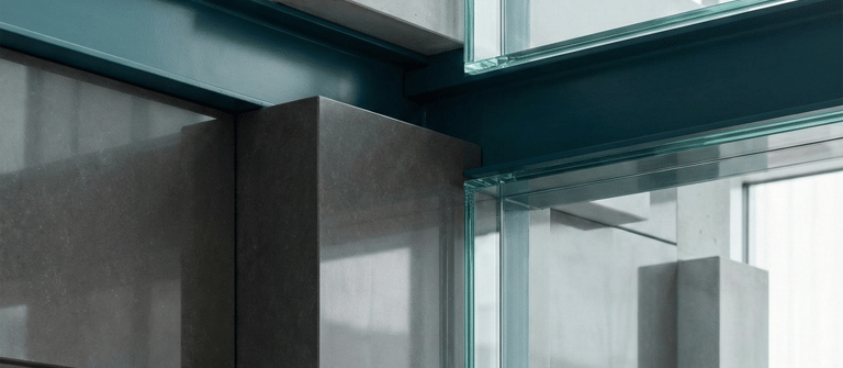 Modern architectural detail featuring geometric concrete blocks and glass panels with teal steel beams.
