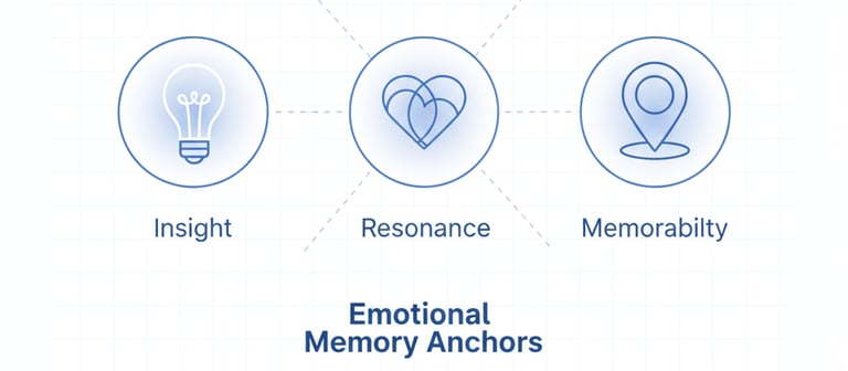 Minimal icon set representing emotional memory anchors: insight, resonance, and memorability.