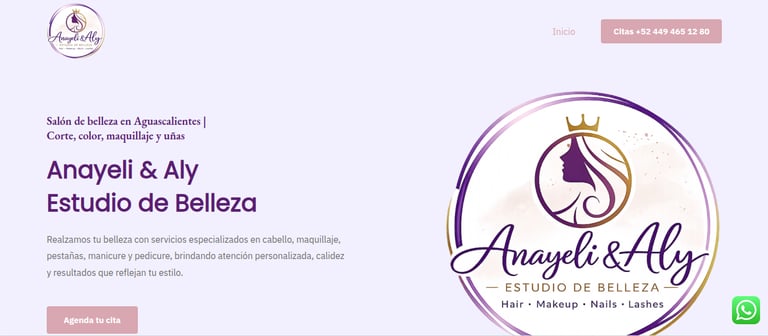 Página principal de Anayeli & Aly Estudio de Belleza que muestra servicios de peluquería, maquillaje