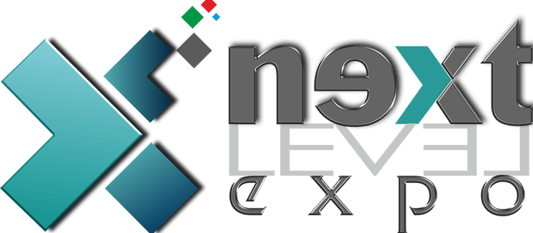 Next Level Expo official logo with geometric arrow design in teal and gray
