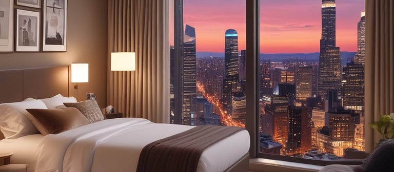 Cozy hotel suite with warm lighting and a large window showing a city skyline at dusk.
