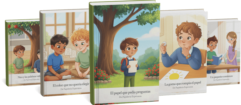 Collection of five illustrated children's books in Spanish from Papeleria Esperanza featuring colorful stories.