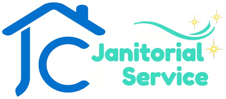 JC Janitorial Service logo featuring a blue house icon and sparkling clean design elements.
