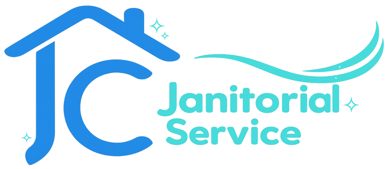 JC Janitorial Service logo featuring a blue house icon and sparkling clean elements.