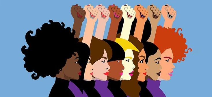 art of women of different ethnicities with fists up in unison