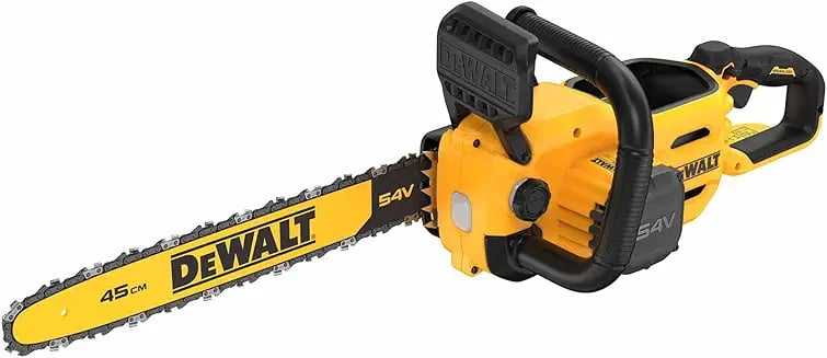 Yellow DeWalt 54V cordless battery-powered chainsaw with a 45cm guide bar for heavy-duty cutting.
