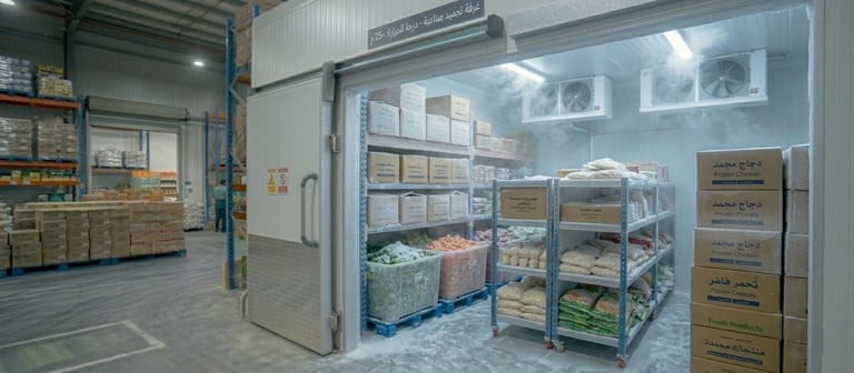 An industrial freezer room containing frozen food products