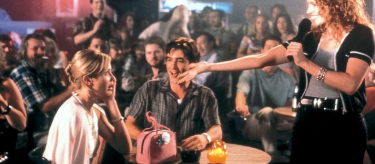 Iconic karaoke scene from My Best Friend’s Wedding (1997) with Cameron Diaz, Dermot Mulroney, and Ju