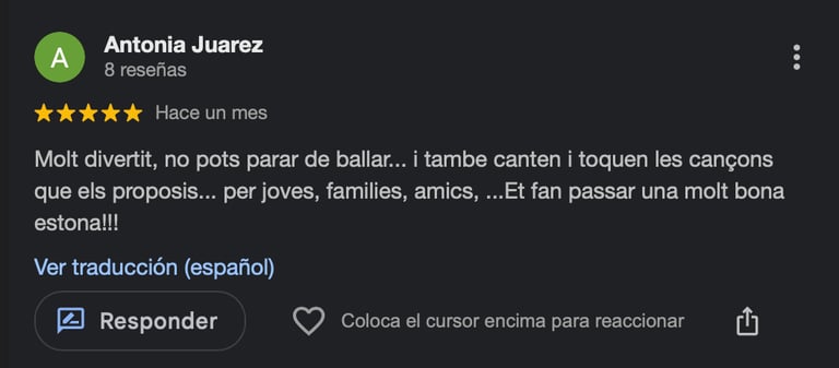 A 5-star Google review by Antonia Juarez praising a lively music and dance event for families.