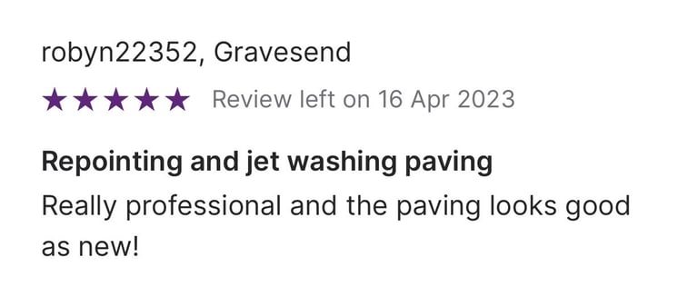 Five-star customer review for professional repointing and jet washing paving services in Gravesend.