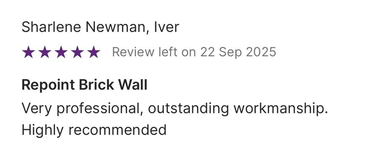 Five-star customer review for repointing a brick wall, praising professional workmanship and quality.