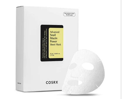 COSRX Advanced Snail Mucin Power Sheet Mask box with a single white facial mask for skin hydration.