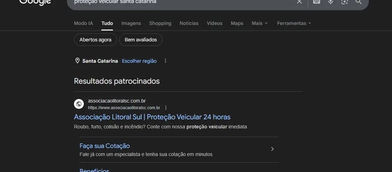 Anúncio de proteção veicular aparecendo nos resultados de busca do Google