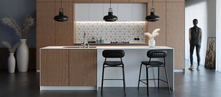 3D rendering of modern minimalist kitchen: clean lines, wood cabinetry, white countertop, black stools, and pendant lights.